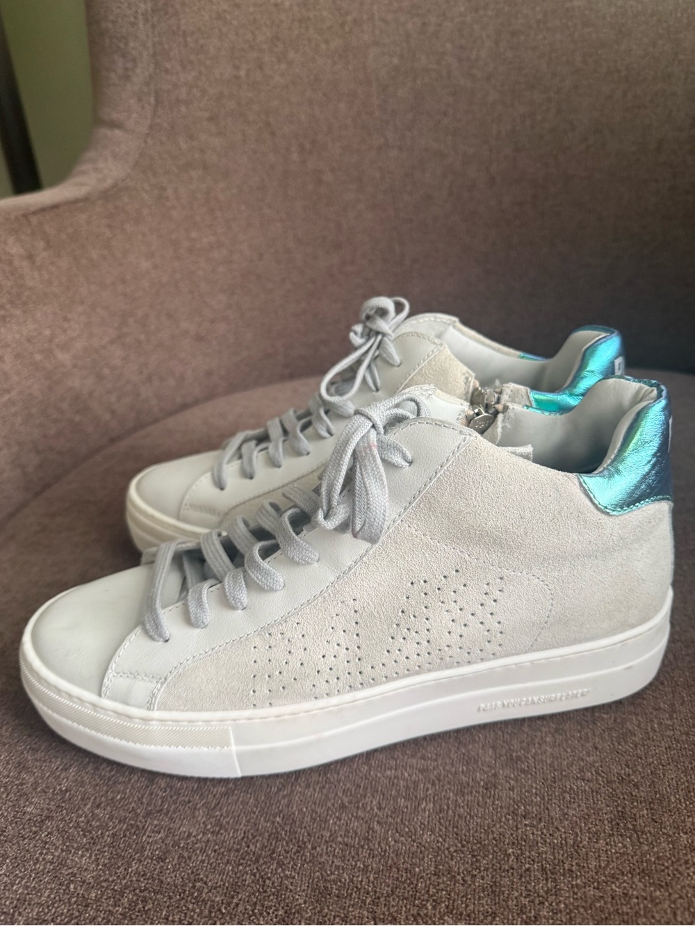 P448 Light Gray Suede High-Top Sneakers with Metallic Teal Heel